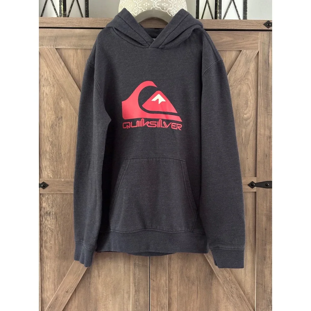 Quiksilver Boys Hoodie Charcoal Gray Red Logo Fleece Pullover Sweatshirt Size M